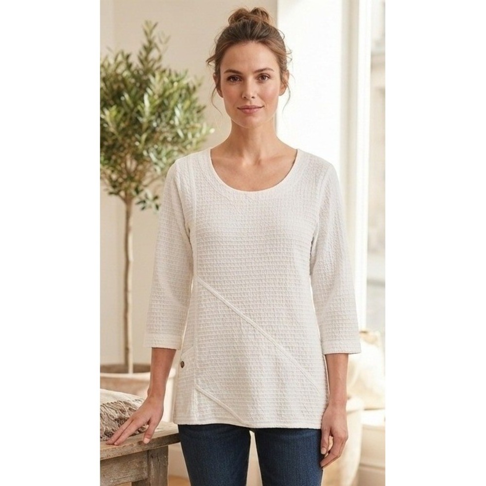 Vermont Country Store Textured 3/4 Sleeve Top Women's S White Cotton Minimalist